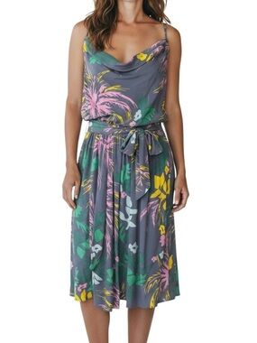Geren Ford Tropical Print Silk Dress Gray